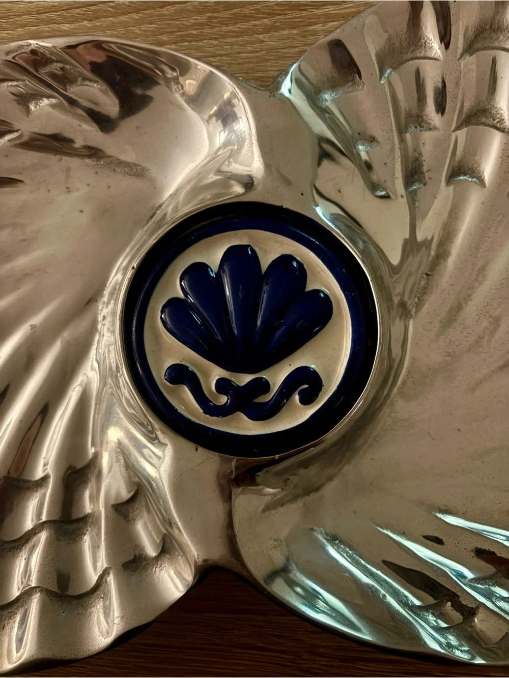 Silver Vintage Double Shell Divided Serving Dish - Blue & White Medallion - 14in